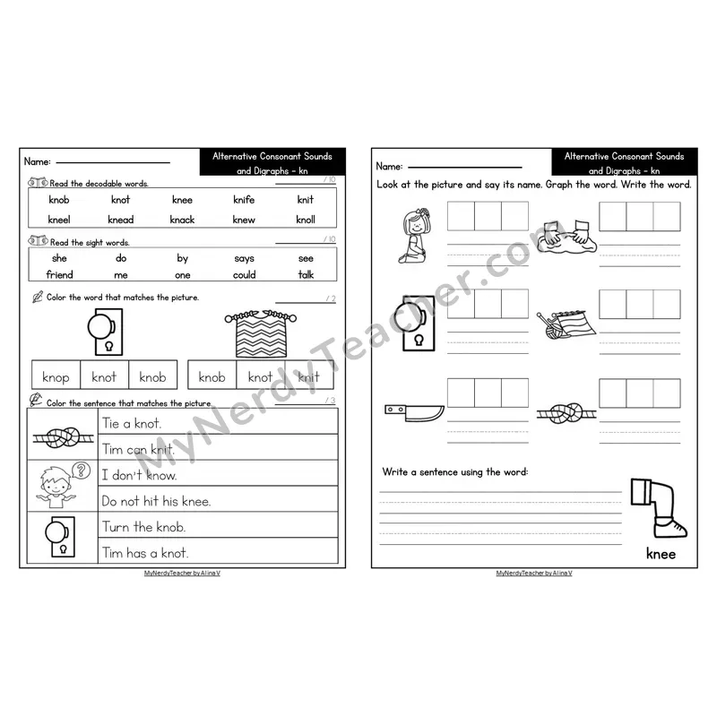 Editable Decodable Look-Alike Words and Sentences — kn Silent Letter