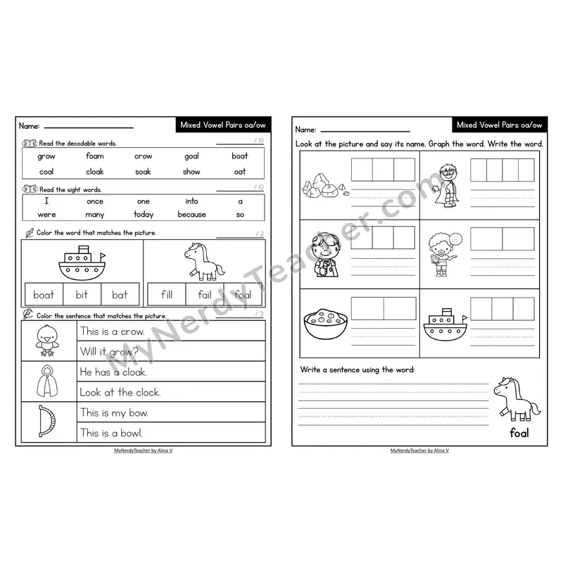 Decodable Look-Alike Words and Sentences Worksheet — Mixed oa/ow Long O