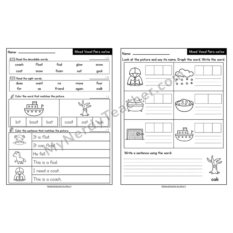 Decodable Look-Alike Words and Sentences Worksheet — Mixed oa/ow Long O