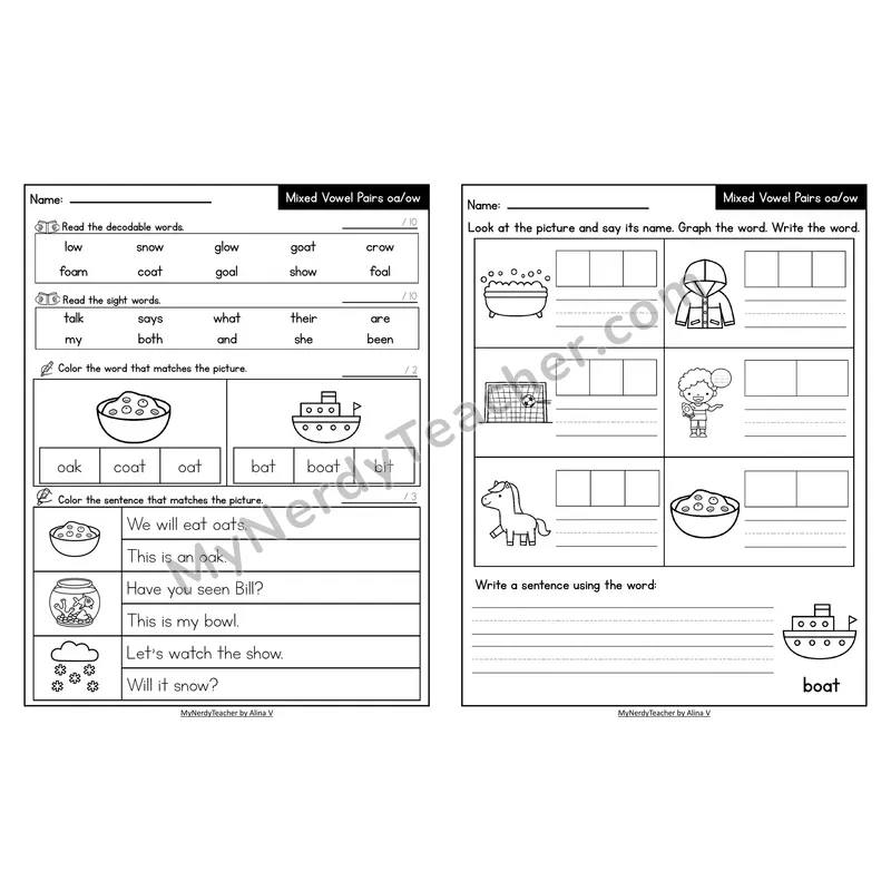 Decodable Look-Alike Words and Sentences Worksheet — Mixed oa/ow Long O