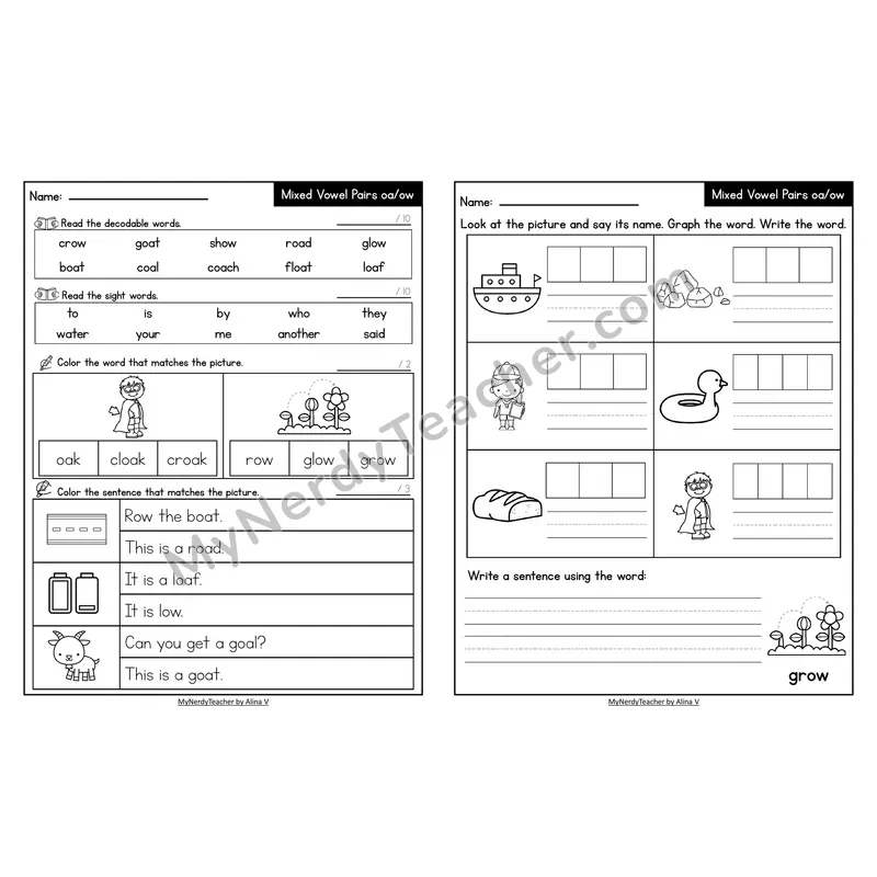 Decodable Look-Alike Words and Sentences Worksheet — Mixed oa/ow Long O