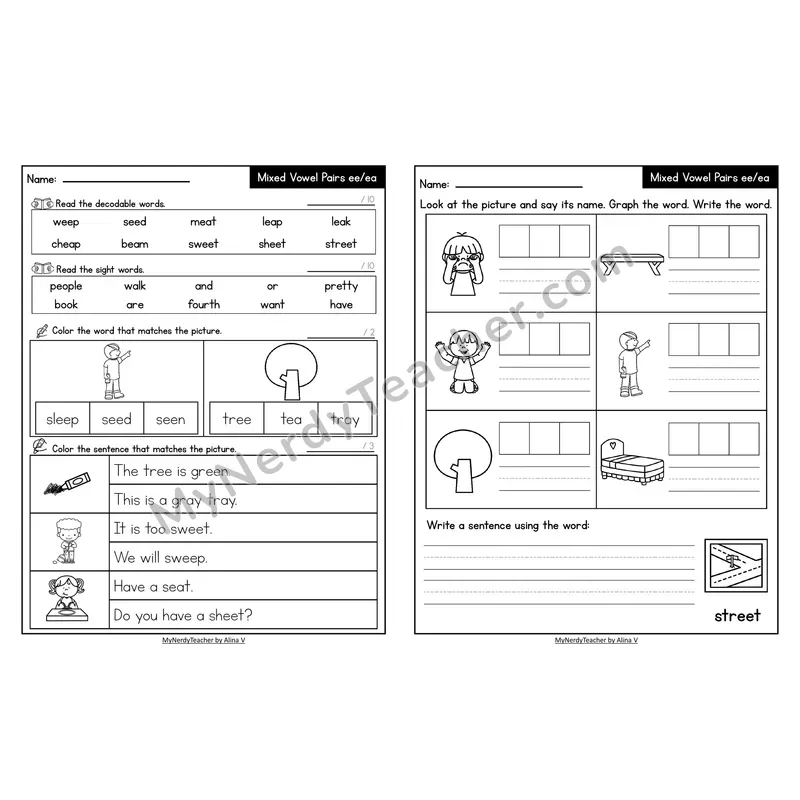 Decodable Look-Alike Words and Sentences Worksheet — Mixed ee/ea Long E
