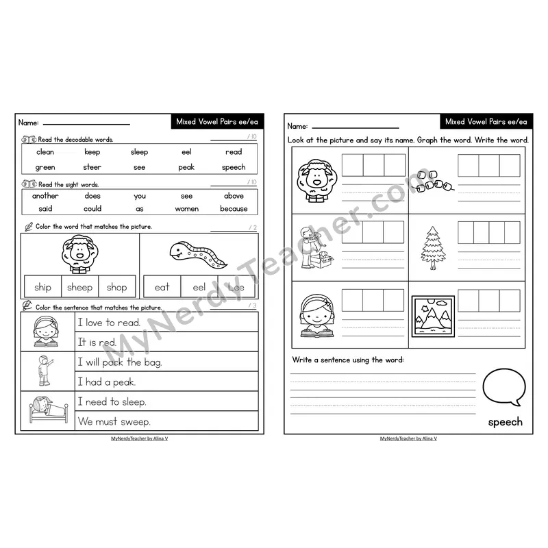 Decodable Look-Alike Words and Sentences Worksheet — Mixed ee/ea Long E