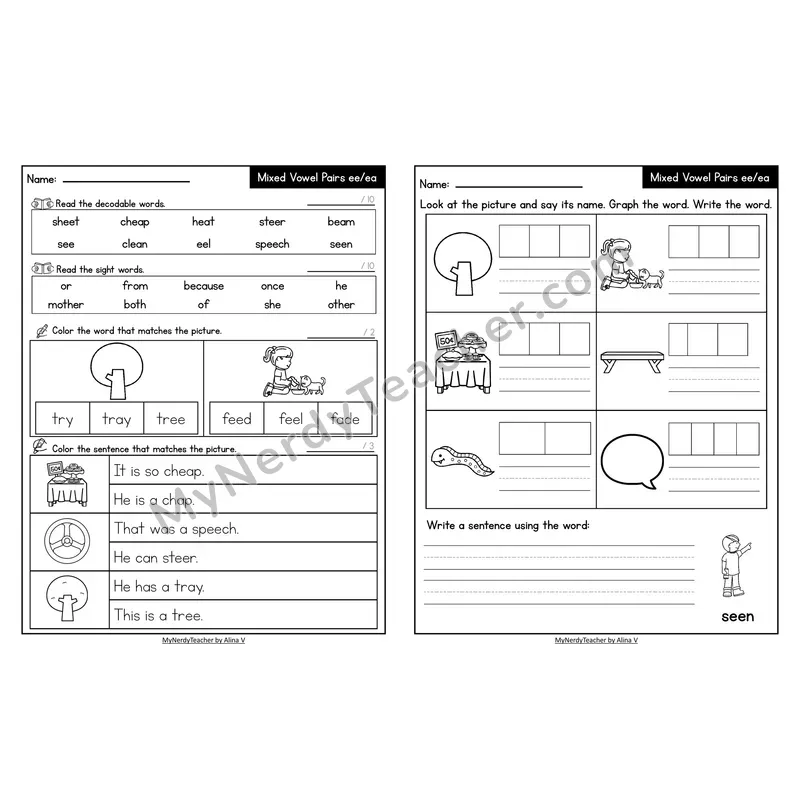 Decodable Look-Alike Words and Sentences Worksheet — Mixed ee/ea Long E