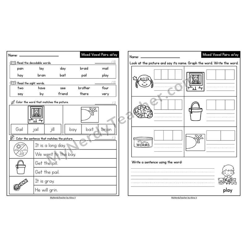 Decodable Look-Alike Words and Sentences Worksheet — Mixed ai/ay Long A