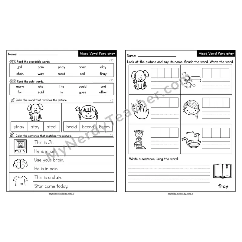 Decodable Look-Alike Words and Sentences Worksheet — Mixed ai/ay Long A