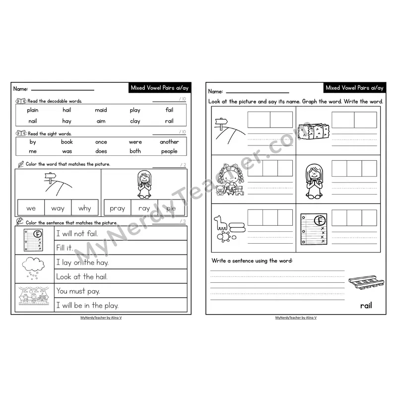 Decodable Look-Alike Words and Sentences Worksheet — Mixed ai/ay Long A