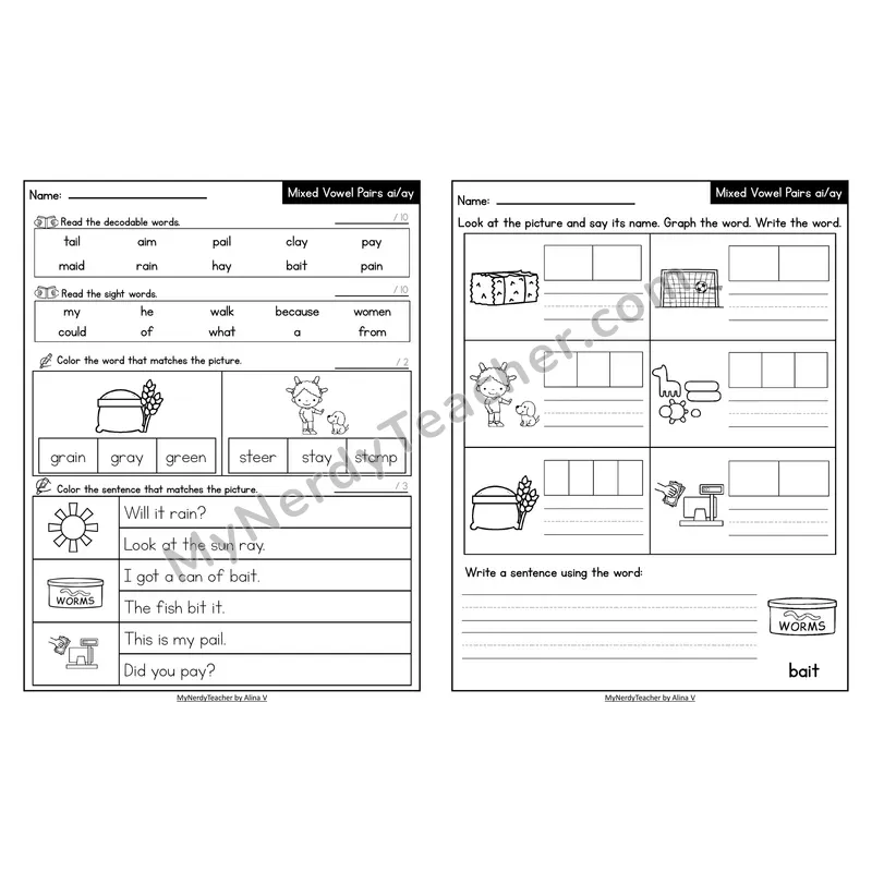 Decodable Look-Alike Words and Sentences Worksheet — Mixed ai/ay Long A