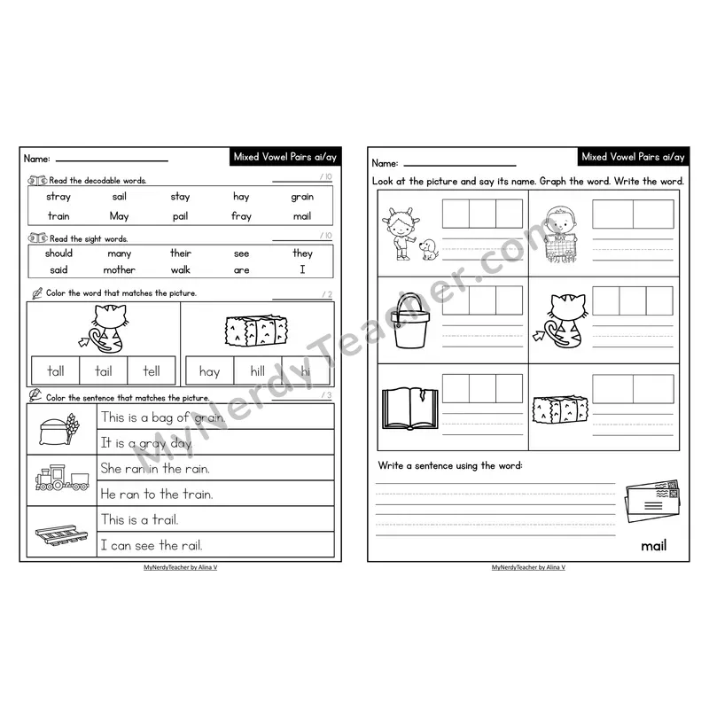Decodable Look-Alike Words and Sentences Worksheet — Mixed ai/ay Long A