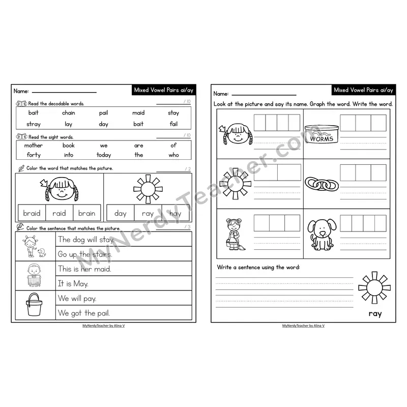 Decodable Look-Alike Words and Sentences Worksheet — Mixed ai/ay Long A