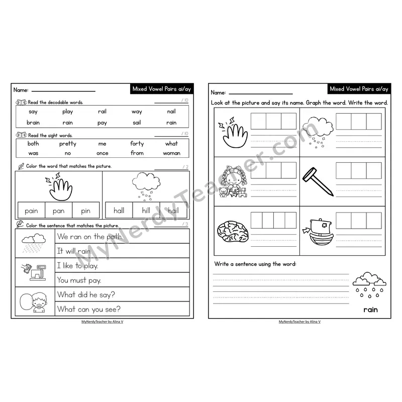 Decodable Look-Alike Words and Sentences Worksheet — Mixed ai/ay Long A