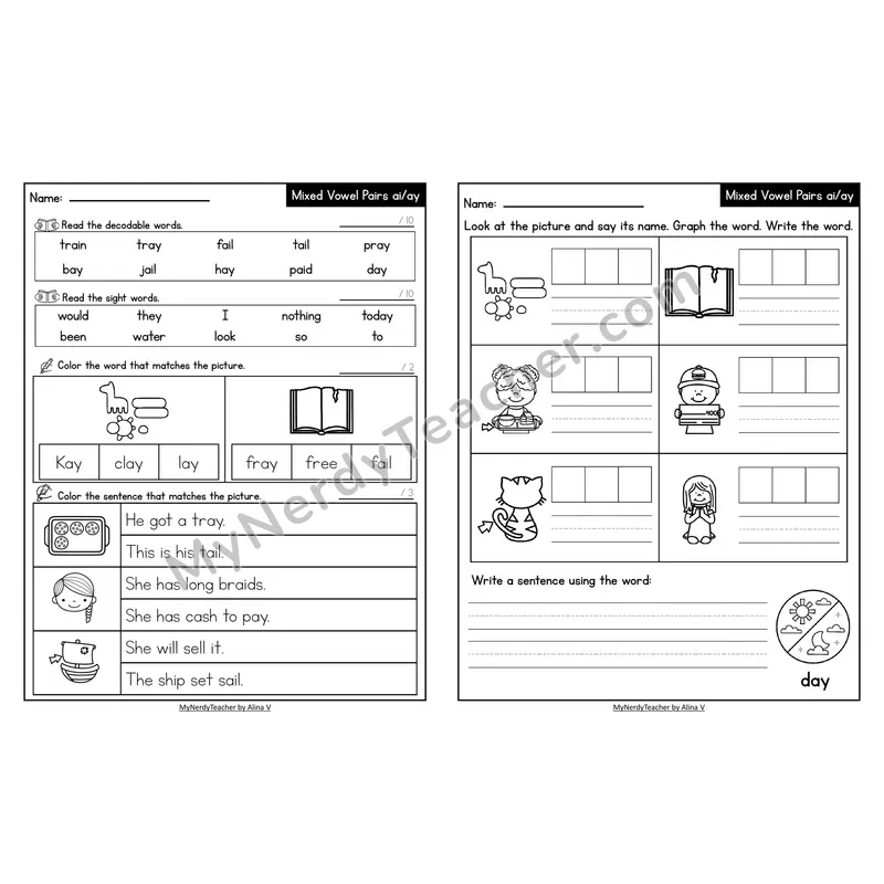 Decodable Look-Alike Words and Sentences Worksheet — Mixed ai/ay Long A