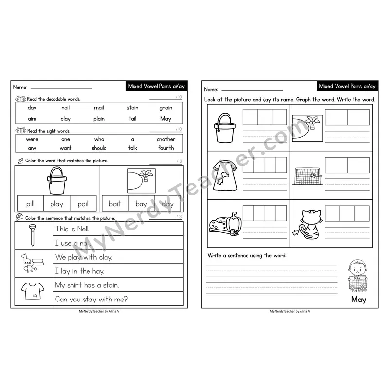 Decodable Look-Alike Words and Sentences Worksheet — Mixed ai/ay Long A