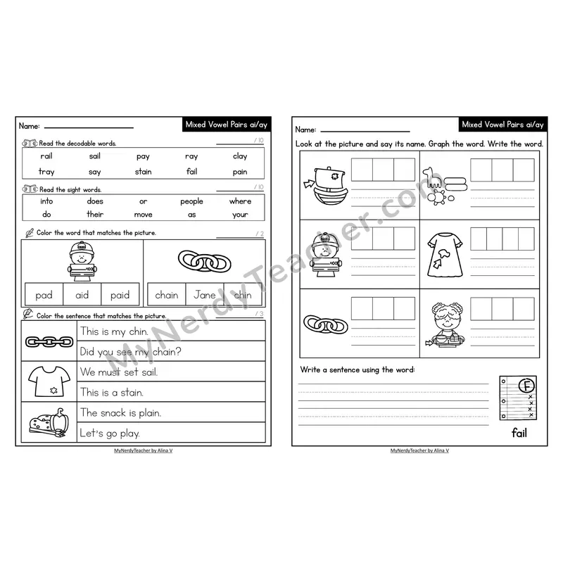 Decodable Look-Alike Words and Sentences Worksheet — Mixed ai/ay Long A