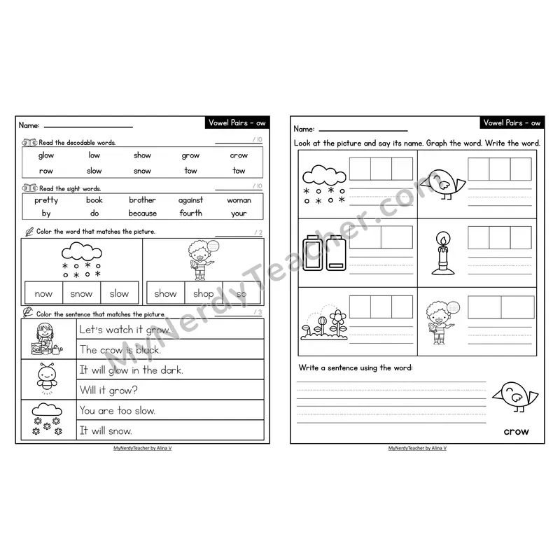 Decodable Look-Alike Words and Sentences Worksheet — ow Long O Vowel Team