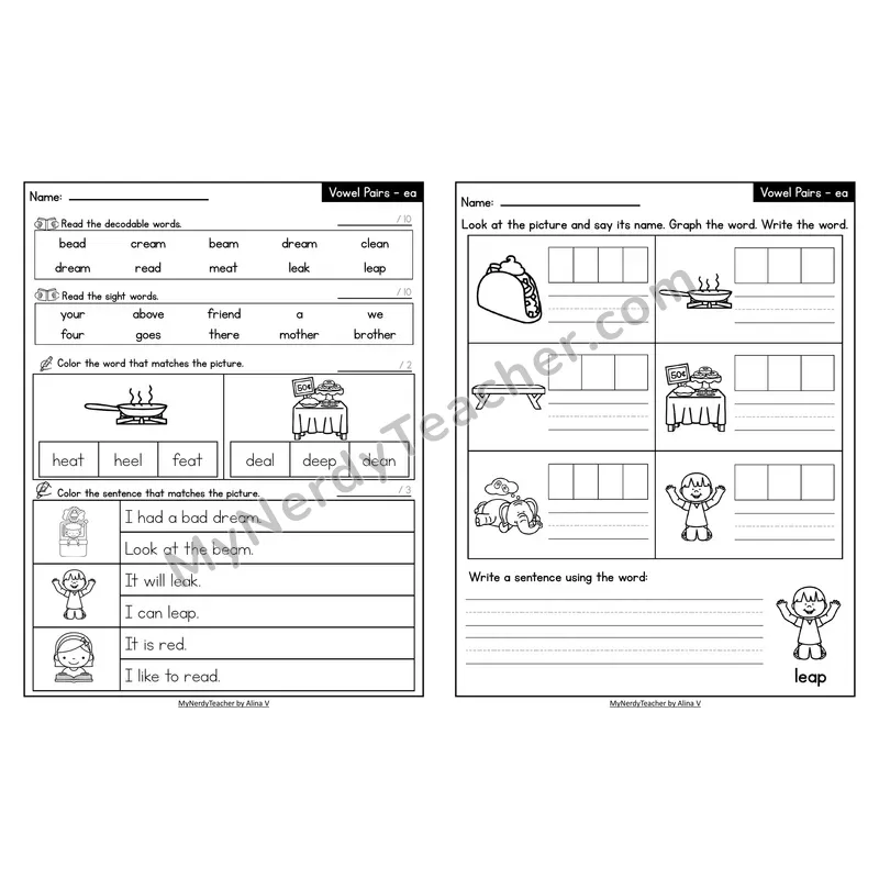 Decodable Look-Alike Words and Sentences Worksheet — ea Long E Vowel Team