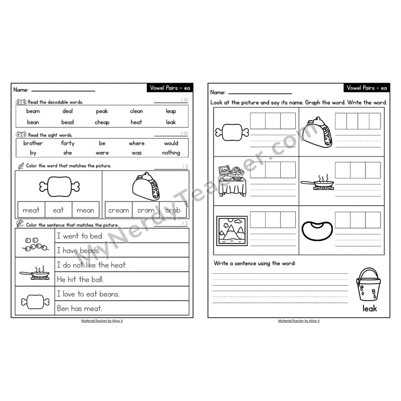 Decodable Look-Alike Words and Sentences Worksheet — ea Long E Vowel Team