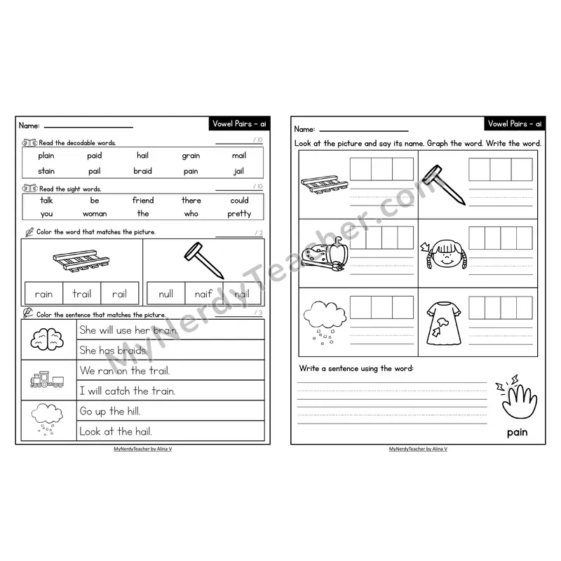 Decodable Look-Alike Words and Sentences Worksheet — ai Long A Vowel Team