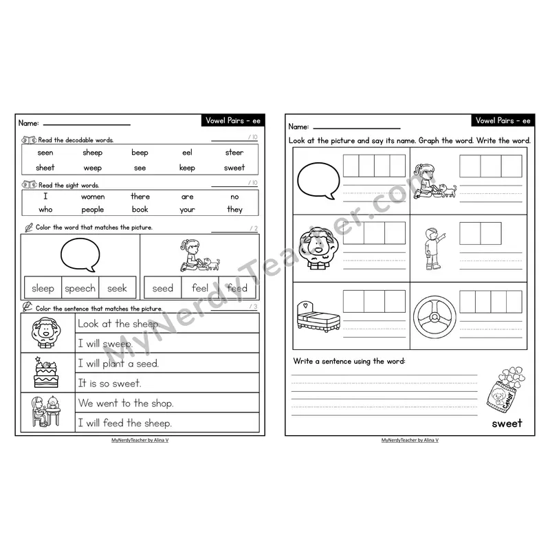 Decodable Look-Alike Words and Sentences Worksheet — ee Long E Vowel Team
