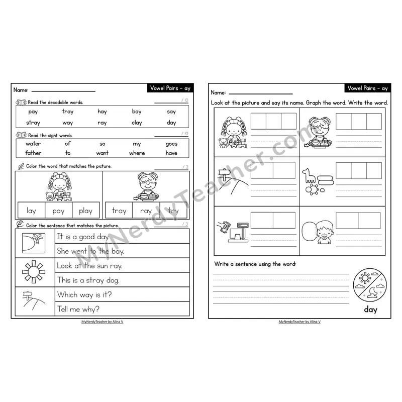 Decodable Look-Alike Words and Sentences Worksheet — ay Long A Vowel Team