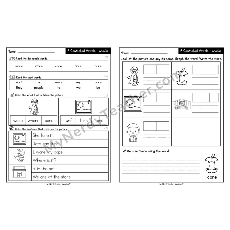 Decodable Look-Alike Words and Sentences Worksheet — ore /or/ R-Controlled Vowel