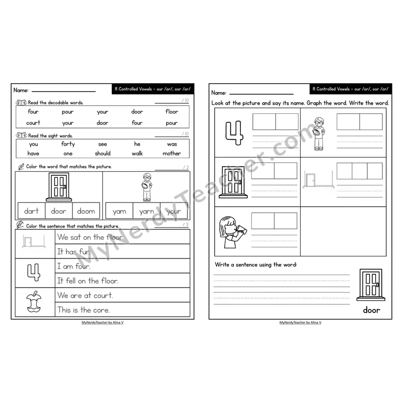 Decodable Look-Alike Words and Sentences Worksheet — our /or/ and oor /or/