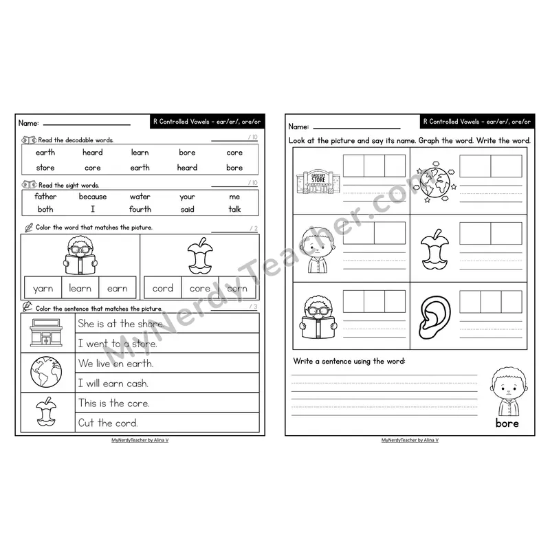 Decodable Look-Alike Words and Sentences Worksheet — ear /er/ and ore /or/