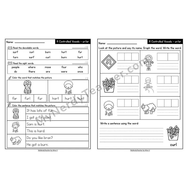 Decodable Look-Alike Words and Sentences Worksheet — ur/er R-Controlled Vowel