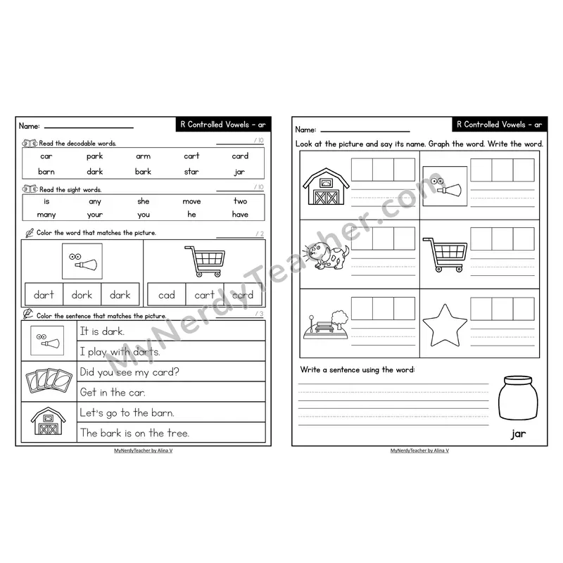 Decodable Look-Alike Words and Sentences Worksheet — ar R-Controlled Vowel