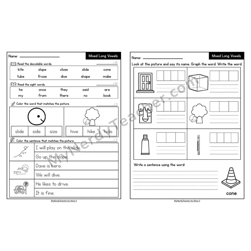 Decodable Look-Alike Words and Sentences Worksheet — Mixed Long Vowels VCe