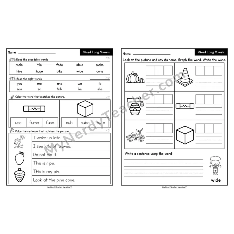 Decodable Look-Alike Words and Sentences Worksheet — Mixed Long Vowels VCe