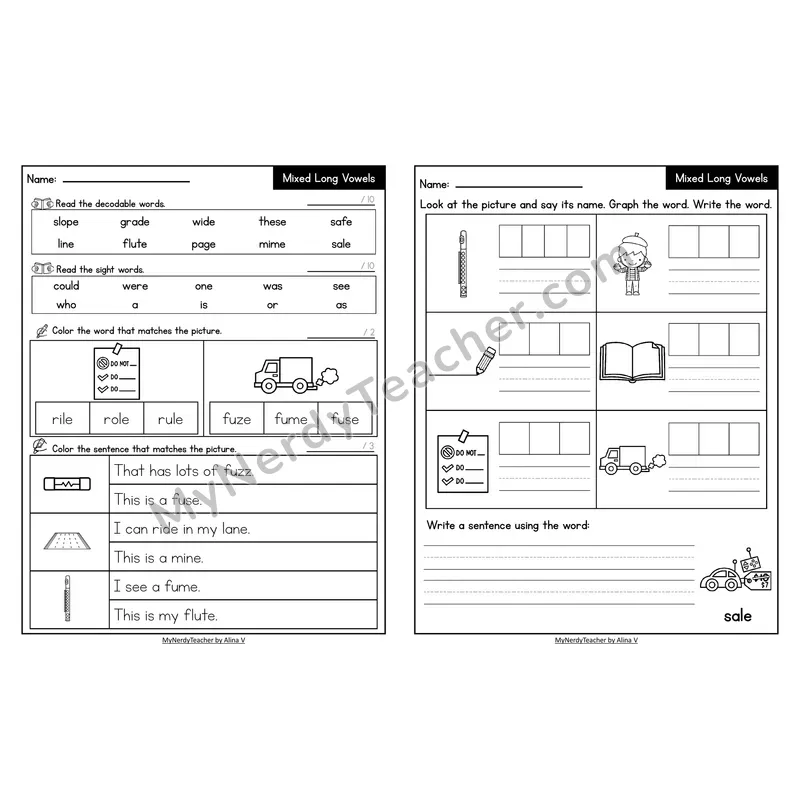 Decodable Look-Alike Words and Sentences Worksheet — Mixed Long Vowels VCe