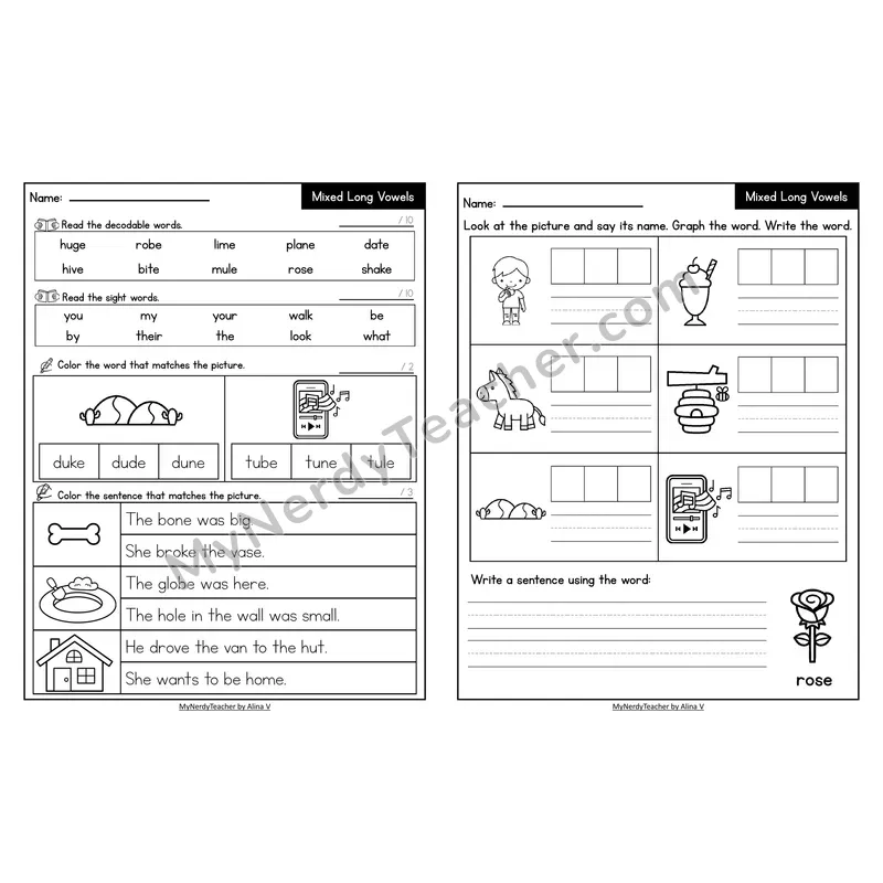 Decodable Look-Alike Words and Sentences Worksheet — Mixed Long Vowels VCe