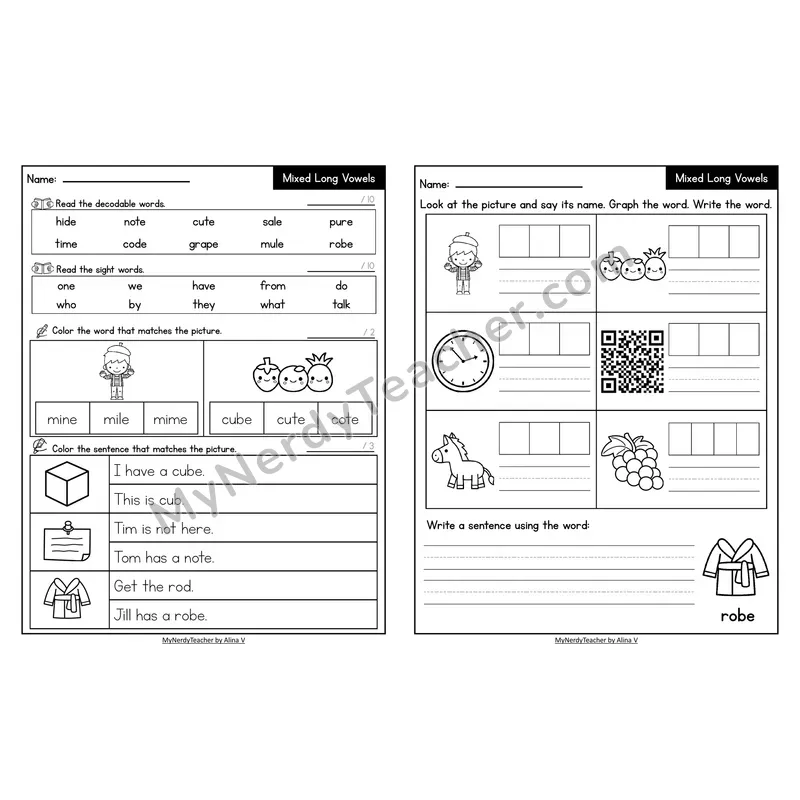 Decodable Look-Alike Words and Sentences Worksheet — Mixed Long Vowels VCe