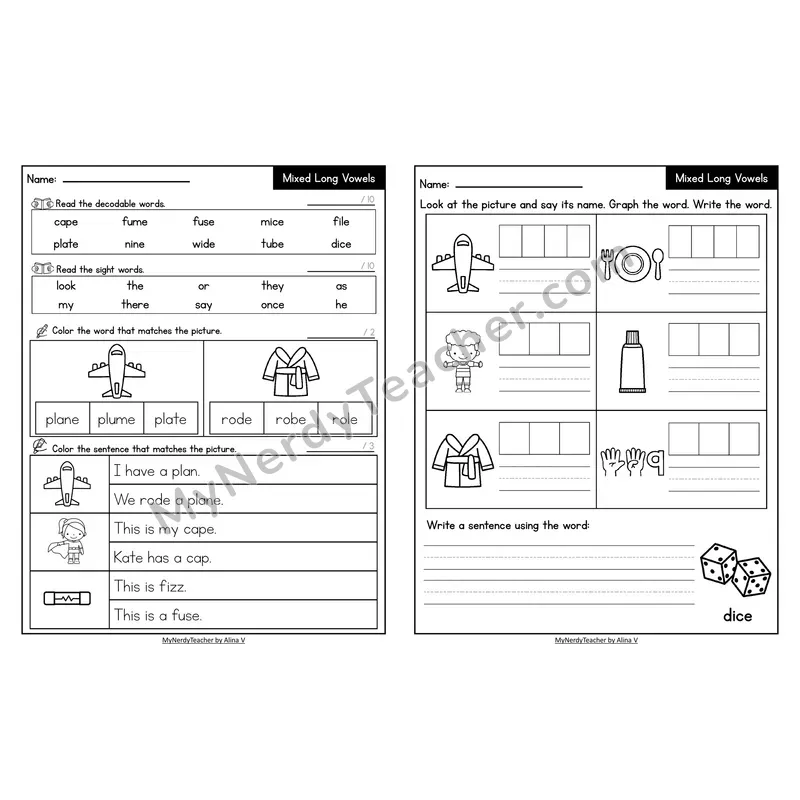 Decodable Look-Alike Words and Sentences Worksheet — Mixed Long Vowels VCe