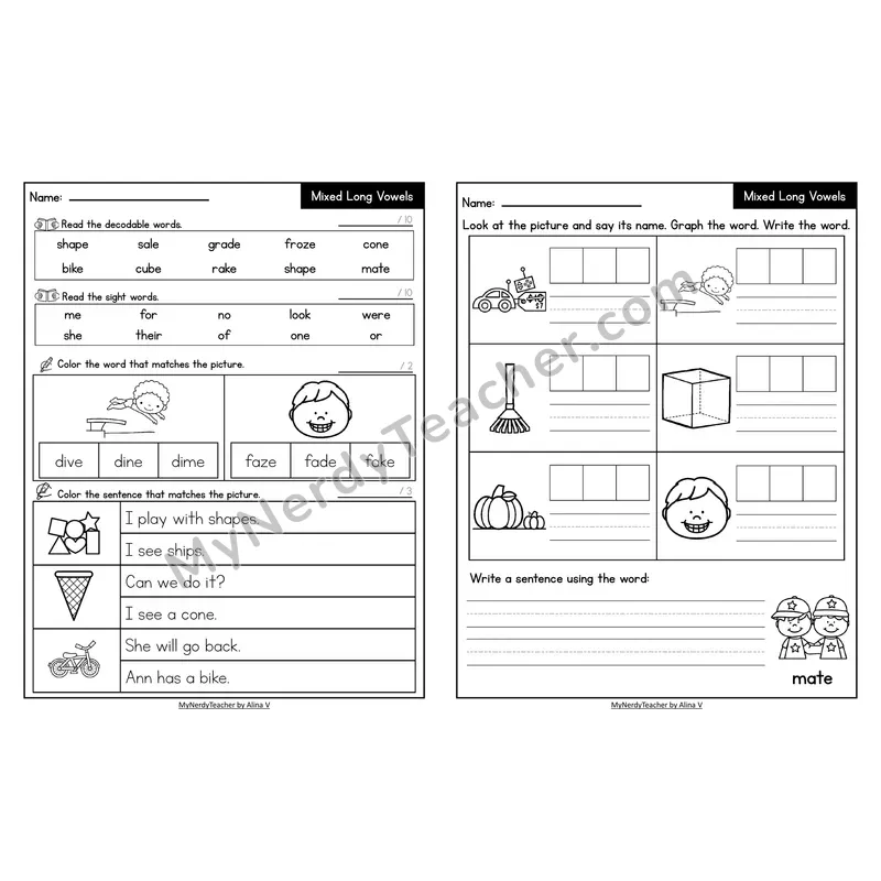 Decodable Look-Alike Words and Sentences Worksheet — Mixed Long Vowels VCe