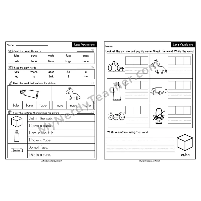 Decodable Look-Alike Words and Sentences Worksheet — u_e Long U