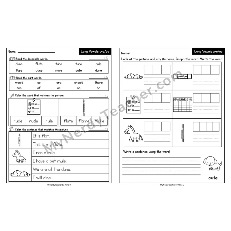 Decodable Look-Alike Words and Sentences Worksheet — u_e Long U