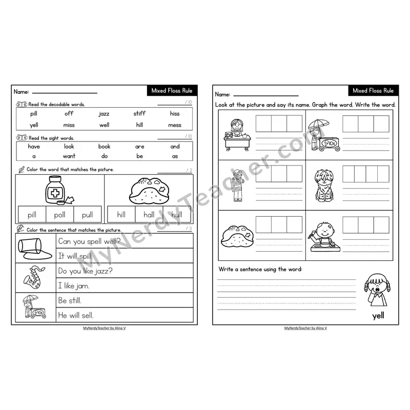 Decodable Look-Alike Words and Sentences Worksheet — Floss Rule