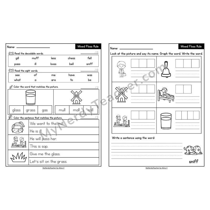 Decodable Look-Alike Words and Sentences Worksheet — Floss Rule