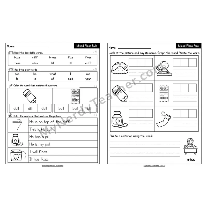 Decodable Look-Alike Words and Sentences Worksheet — Floss Rule