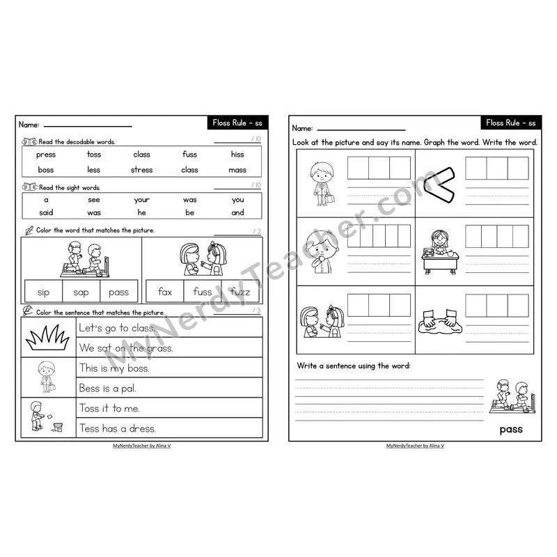 Decodable Look-Alike Words and Sentences Worksheet — Floss Rule