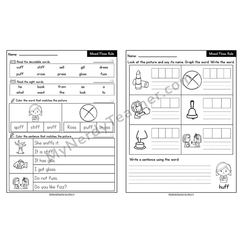 Decodable Look-Alike Words and Sentences Worksheet — Floss Rule