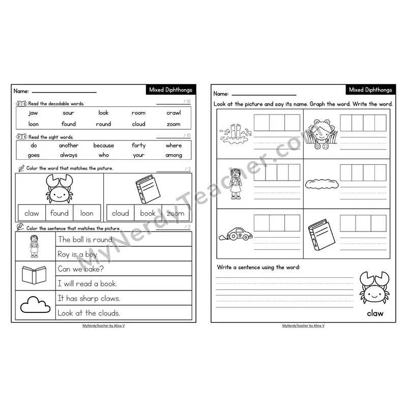 Decodable Look-Alike Words and Sentences Worksheet — Mixed Diphthongs Review