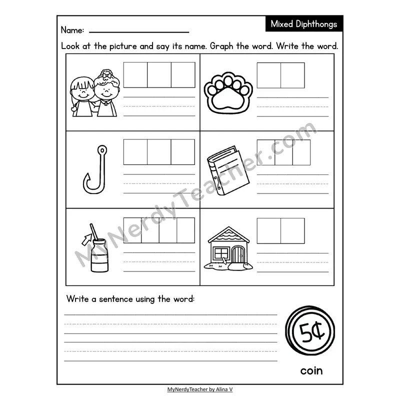 Decodable Look-Alike Words and Sentences Worksheet — Mixed Diphthongs Review