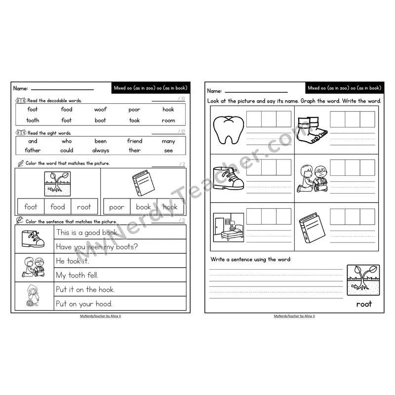 Decodable Look-Alike Words and Sentences Worksheet — Mixed oo /oo/ and /oo/