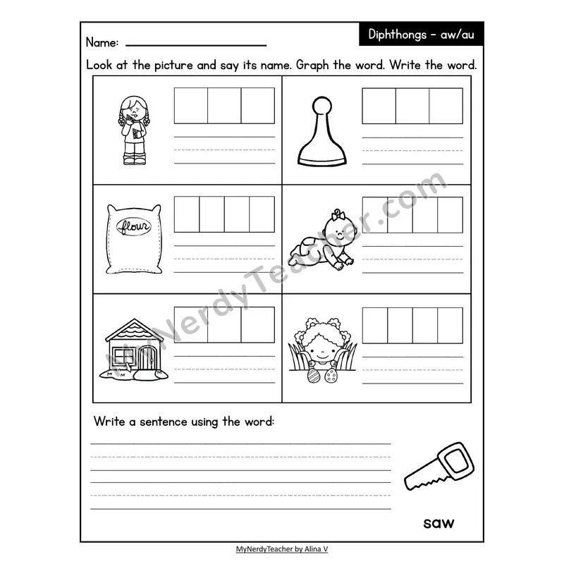 Decodable Look-Alike Words and Sentences Worksheet — aw/au Vowel Pair