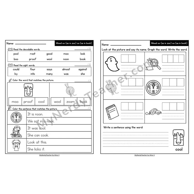 Decodable Look-Alike Words and Sentences Worksheet — Mixed oo /oo/ and /oo/