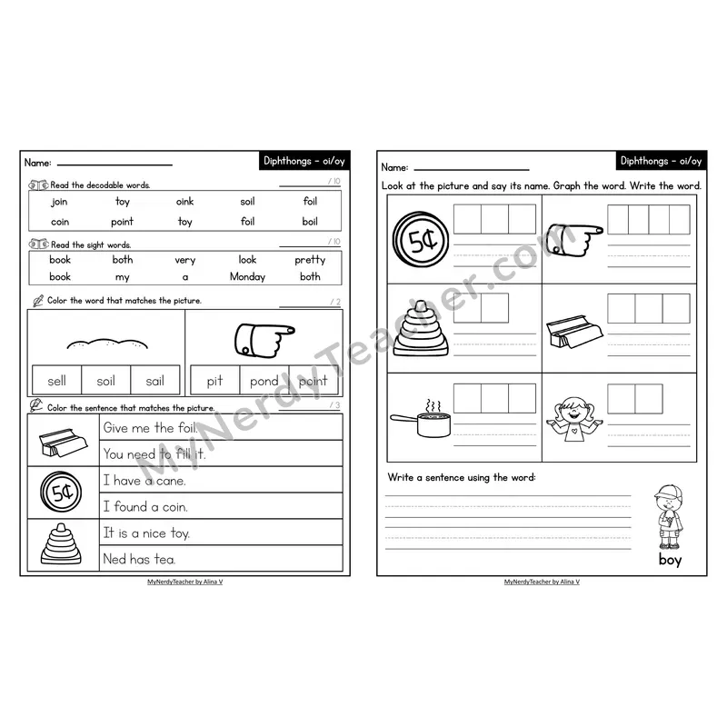 Decodable Look-Alike Words and Sentences Worksheet — Mixed oi/oy Diphthong