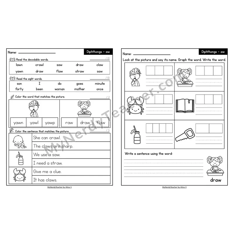 Decodable Look-Alike Words and Sentences Worksheet — aw Vowel Pair